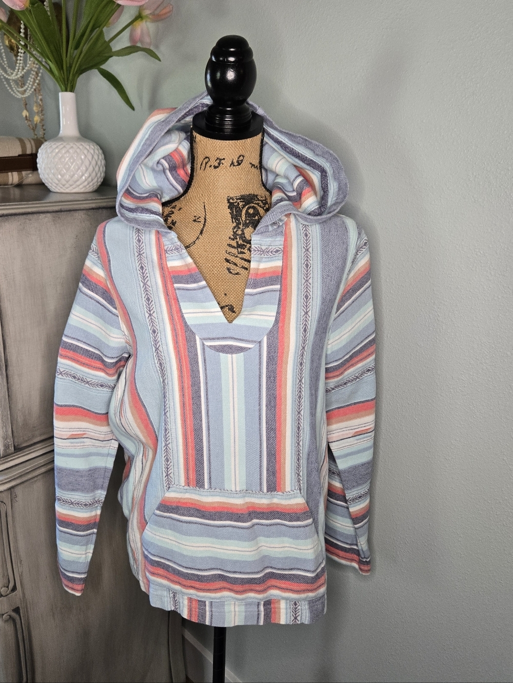 Faherty Striped Hooded Pullover in Light Blue, Coral, and Navy